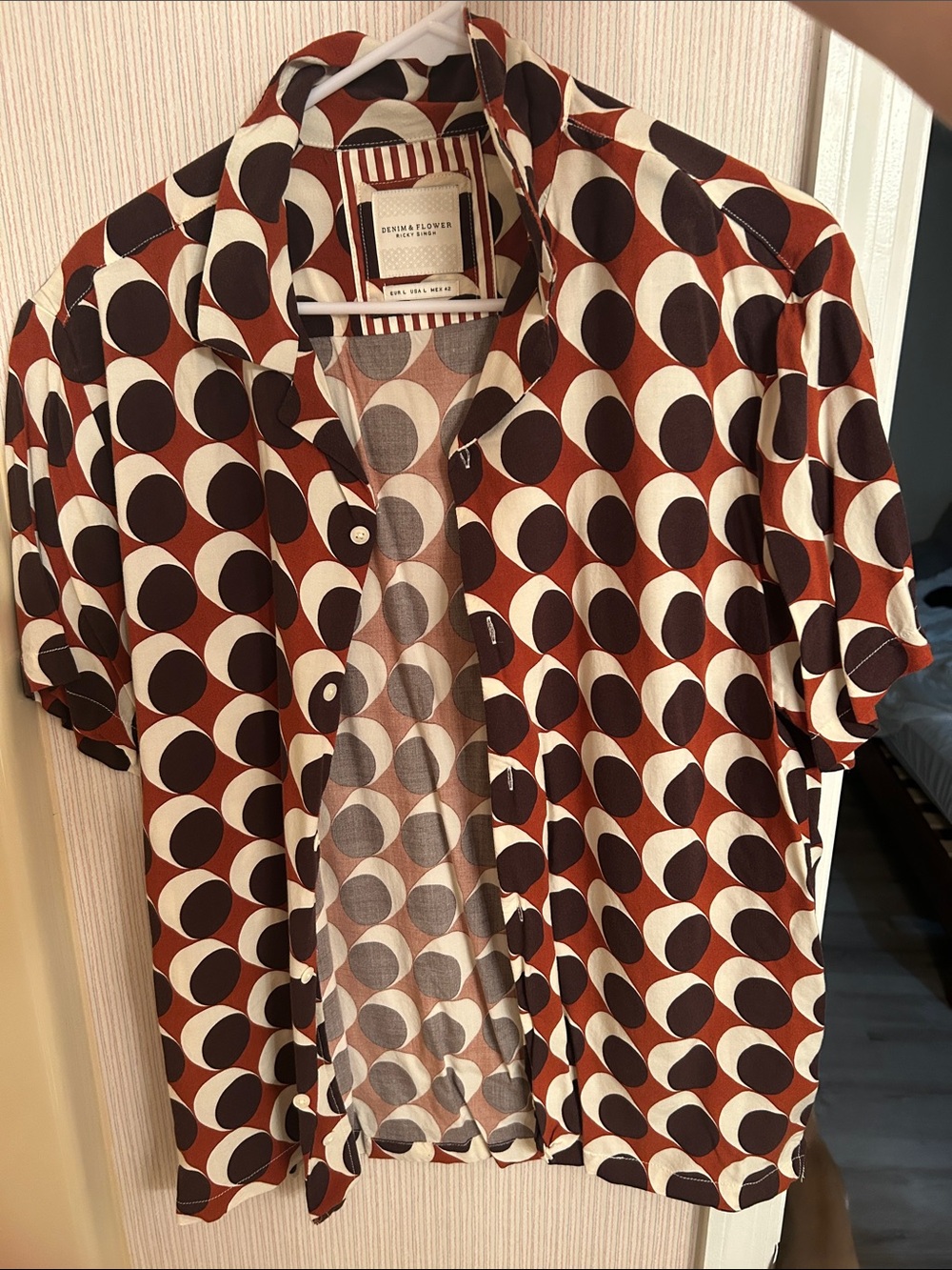 Oversized Denim & Flower Dot Button-Up Shirt in Rust, Cream & Black